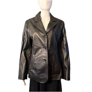 Vintage Y2K Wilsons 90s Black Leather Jacket Blazer Minimalist Biker Goth SZ L